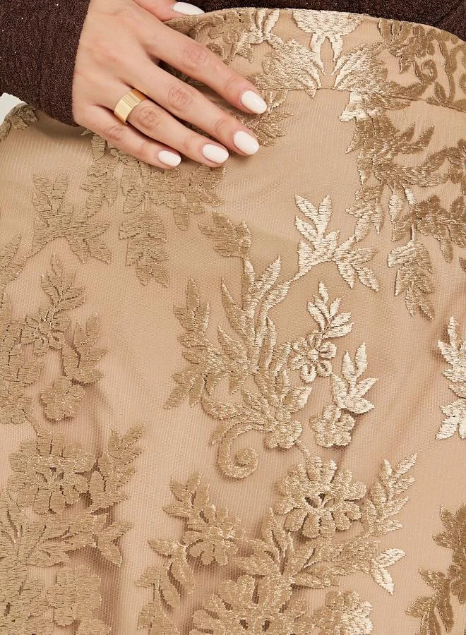 Styli Women Gold Lace Pencil Maxi Skirt